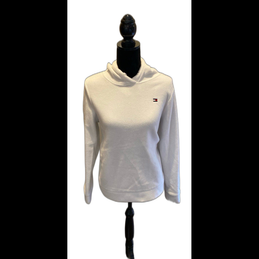 Tommy Hilfiger‎ Fuzzy Fleece Hoodie Size Medium Tie Neck White/Pale Grey Color